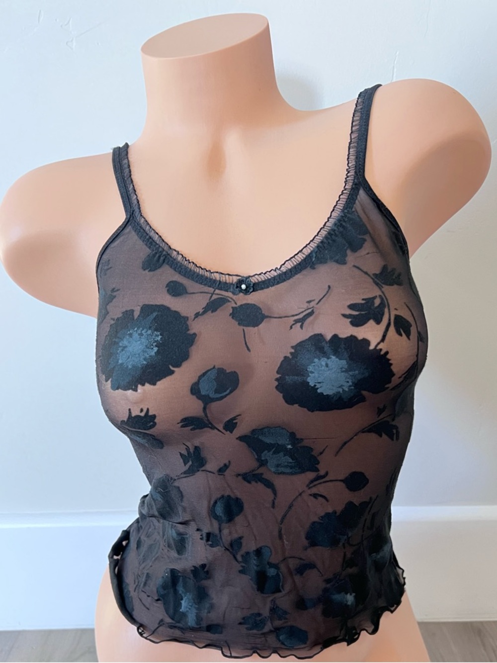 Sheer Floral Mesh Cami Tank Top - Black Floral vintage 90’s NWOT. By Parisa sz S